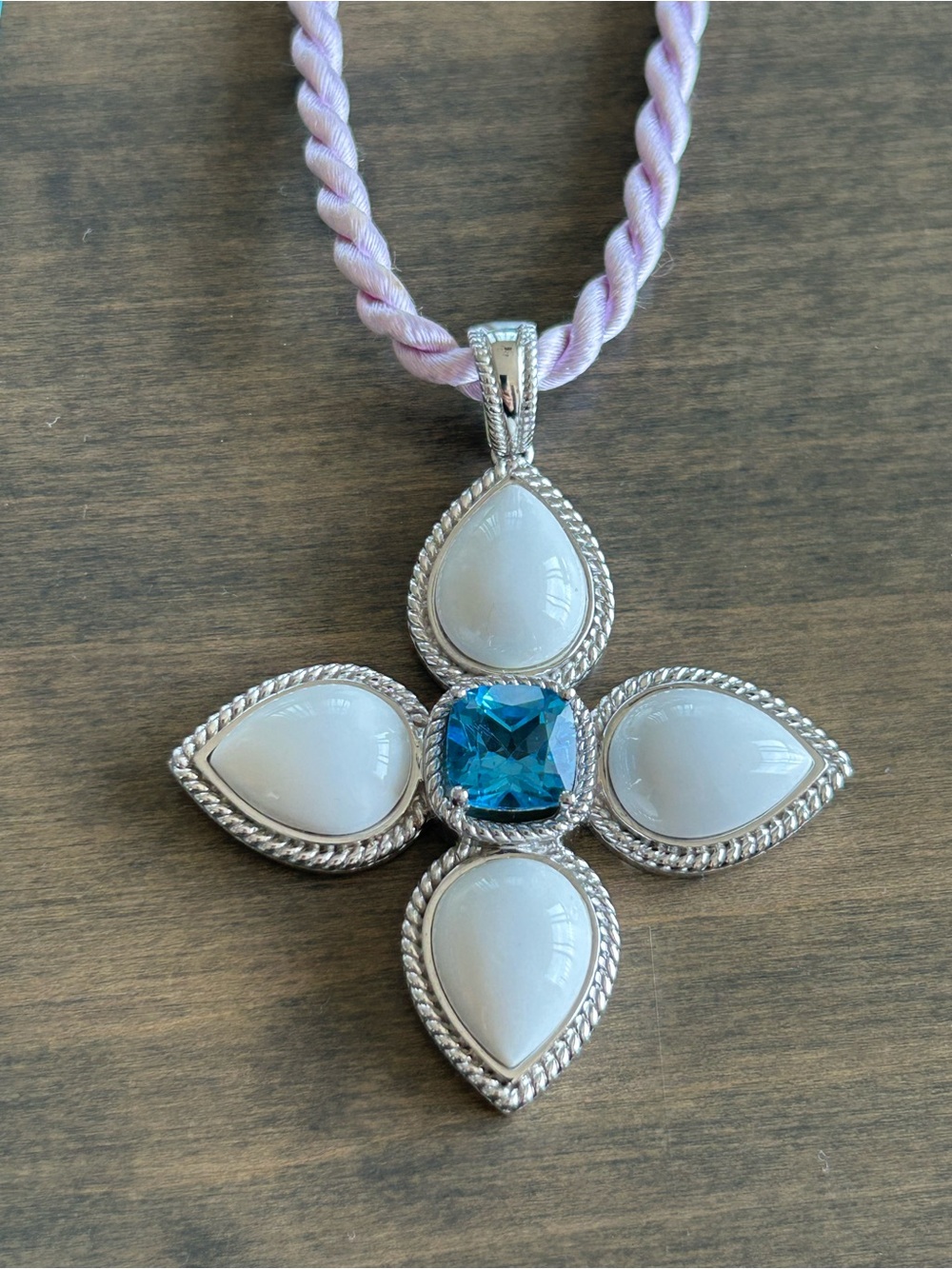 Ross-Simons Silver-Tone Cross Pendant with White Cabochons and Blue Center